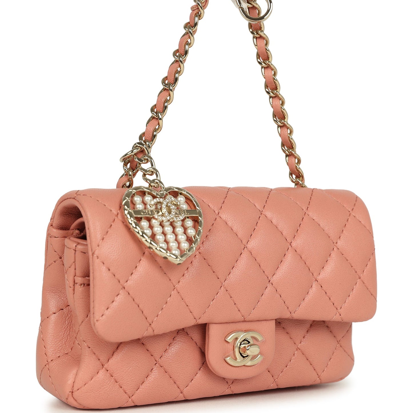 Chanel Nano Classic Double Flap Bag Charm Pink Lambskin Light Gold Hardware