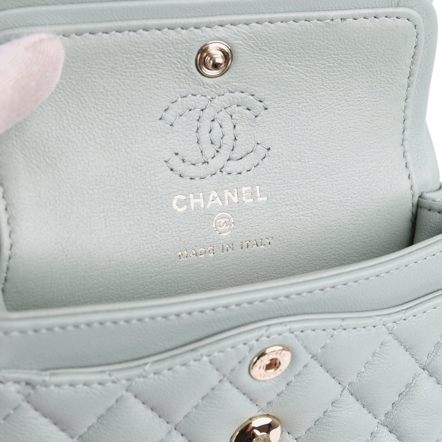 Chanel Nano Classic Double Flap Bag Charm Dark Green Lambskin Light Gold Hardware