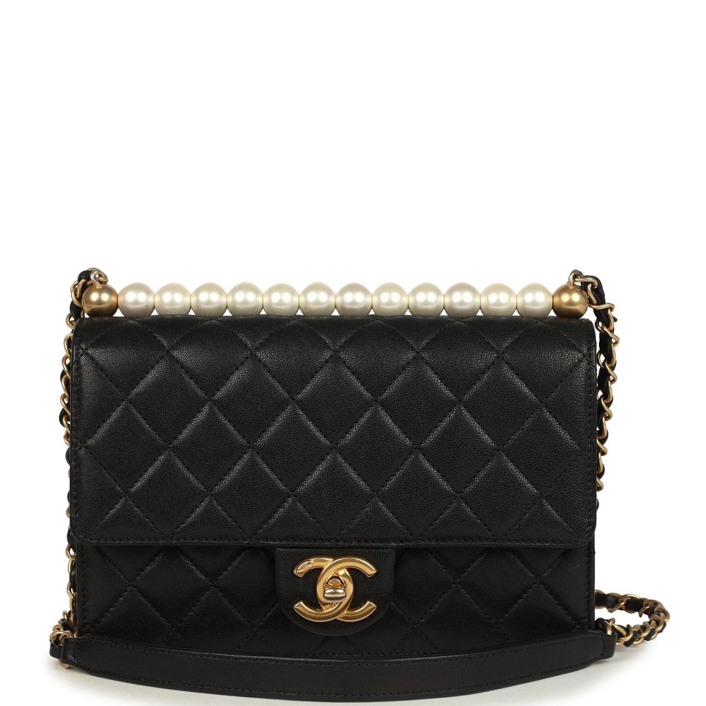 Chanel Small Chic Pearls Flap Bag Black Goatskin Antique Gold Hardware