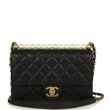 Chanel Small Chic Pearls Flap Bag Black Goatskin Antique Gold Hardware