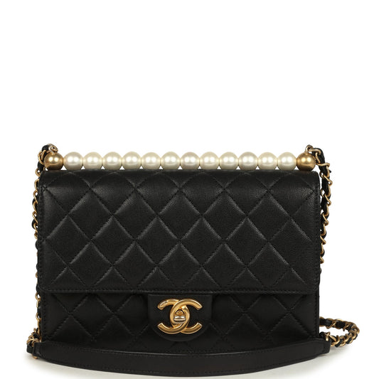 Chanel Small Chic Pearls Flap Bag Black Goatskin Antique Gold Hardware