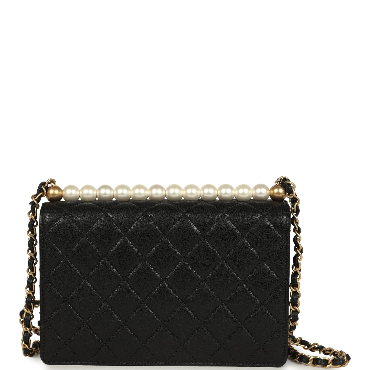 Chanel Small Chic Pearls Flap Bag Black Goatskin Antique Gold Hardware