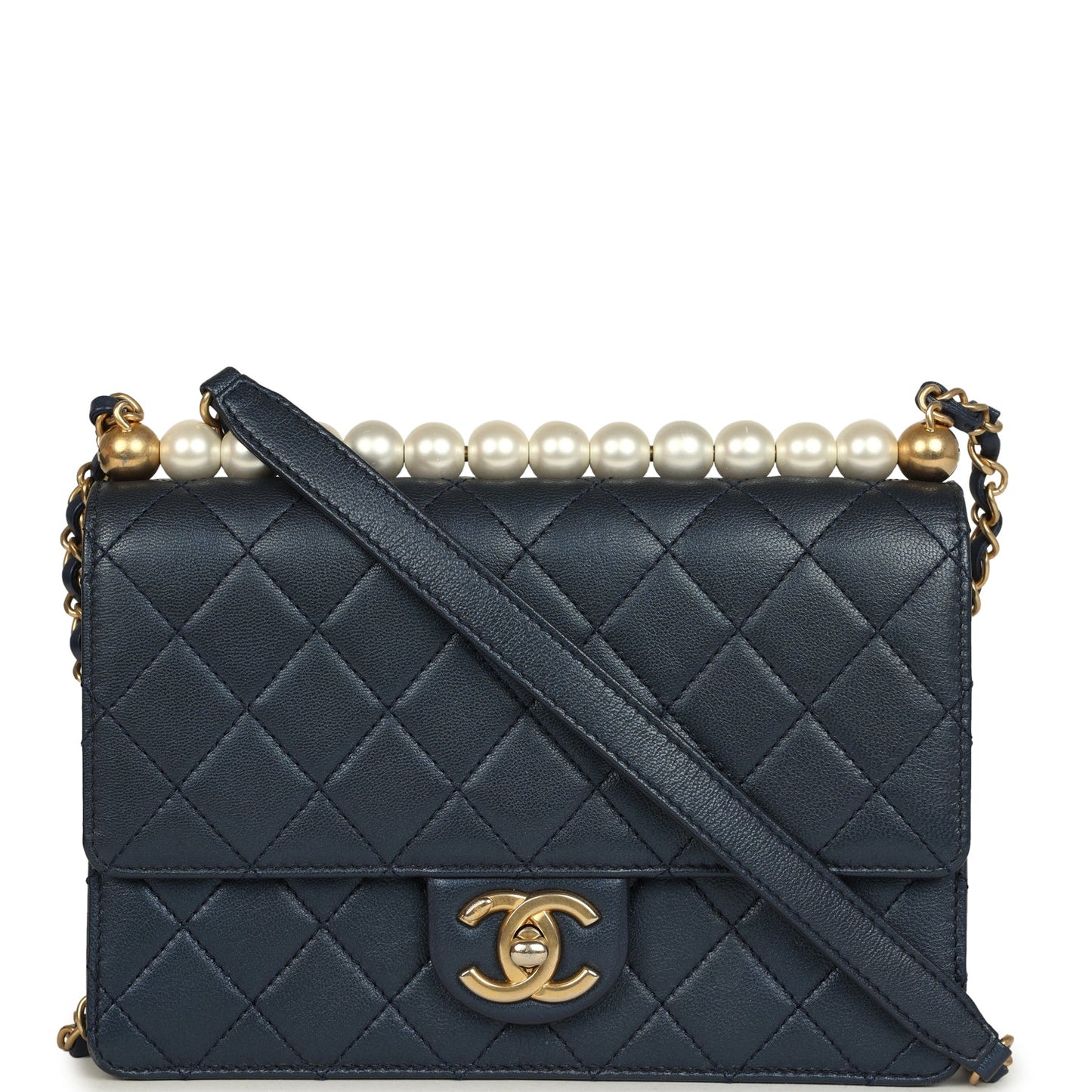Chanel Small Chic Pearls Flap Bag Navy Calfskin Antique Gold Hardware