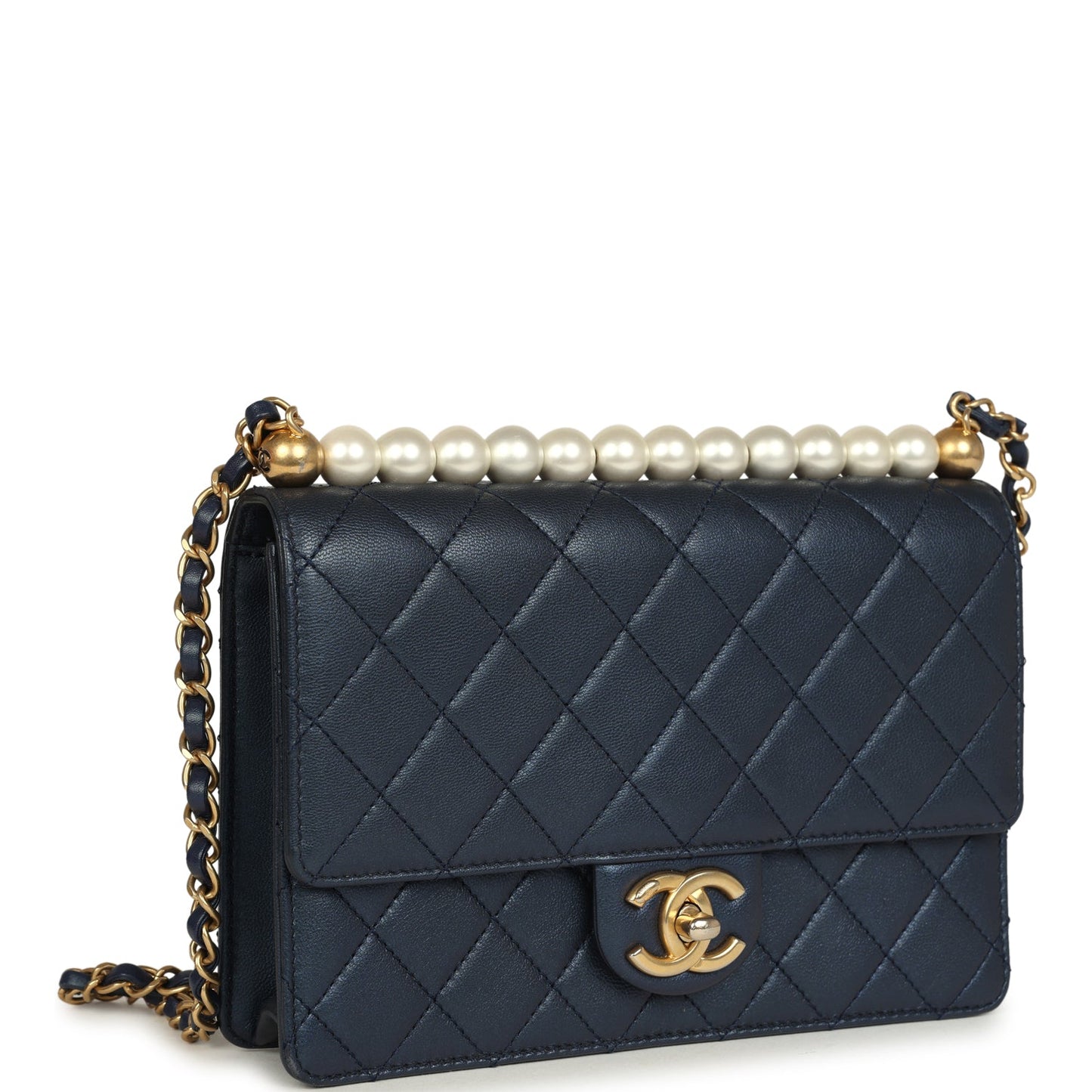 Chanel Small Chic Pearls Flap Bag Navy Calfskin Antique Gold Hardware
