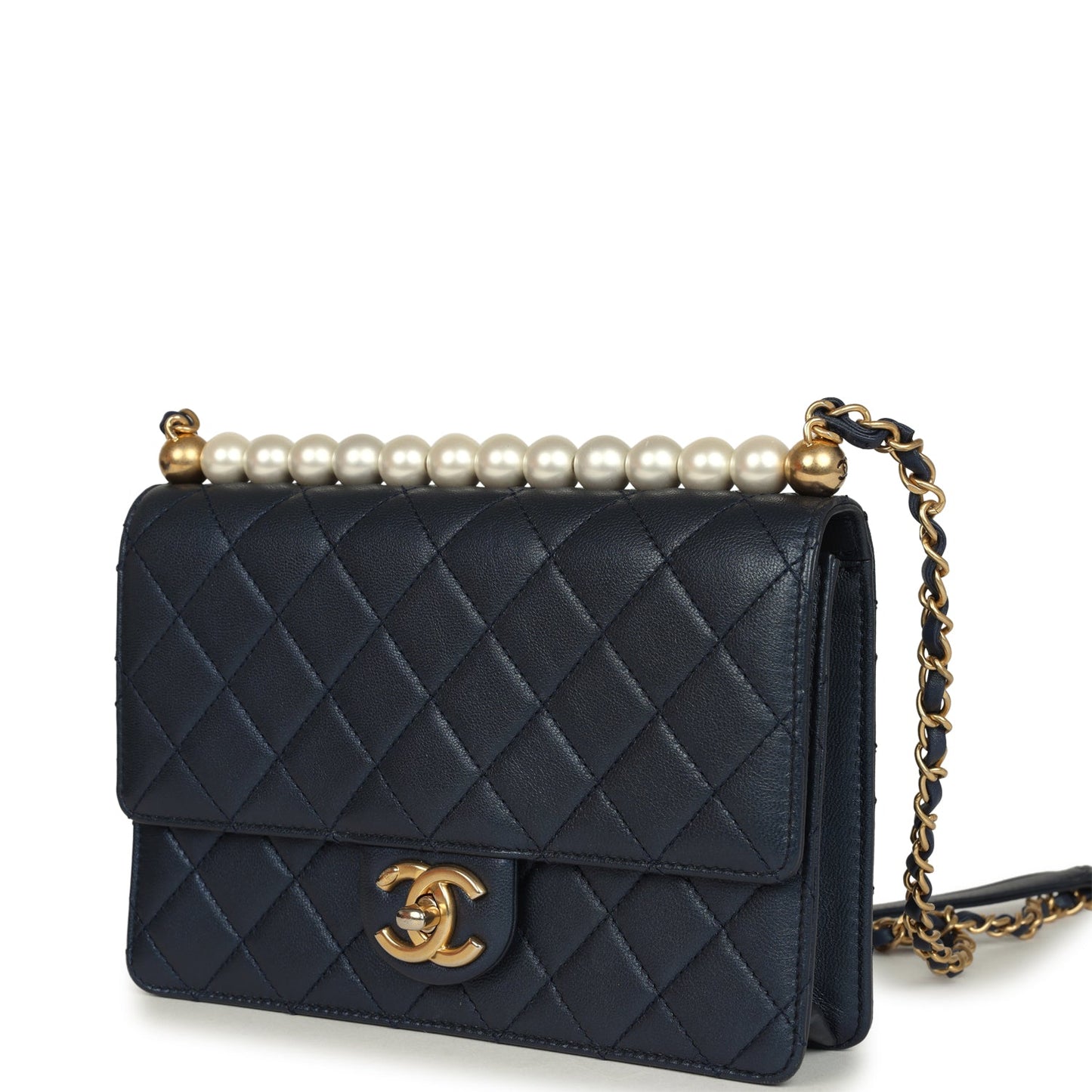 Chanel Small Chic Pearls Flap Bag Navy Calfskin Antique Gold Hardware