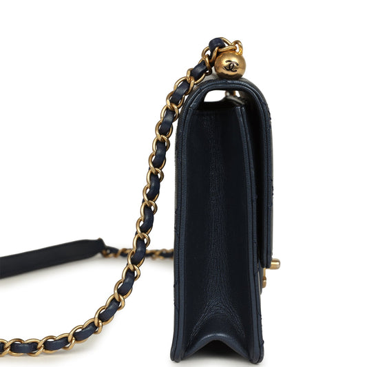 Chanel Small Chic Pearls Flap Bag Navy Calfskin Antique Gold Hardware