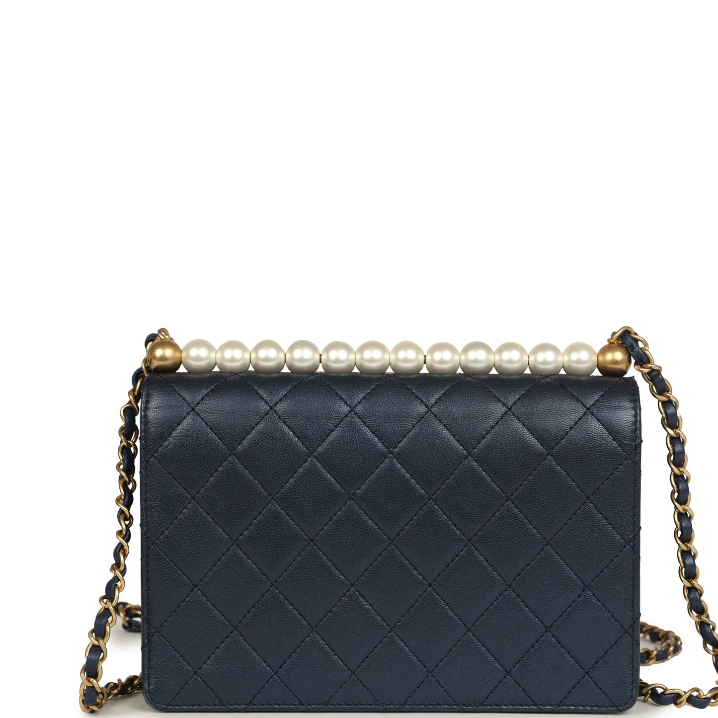Chanel Small Chic Pearls Flap Bag Navy Calfskin Antique Gold Hardware