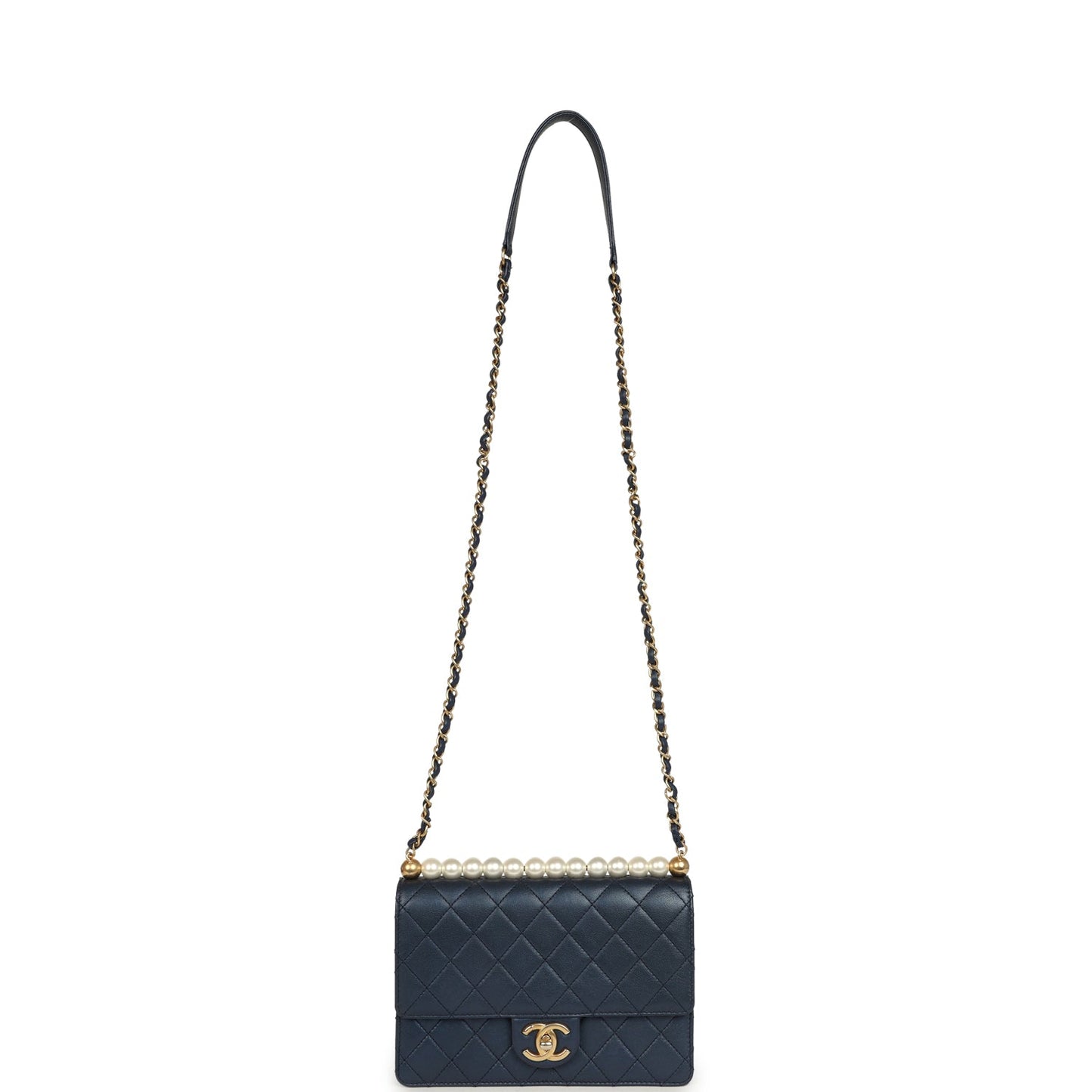 Chanel Small Chic Pearls Flap Bag Navy Calfskin Antique Gold Hardware