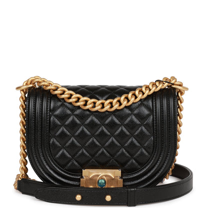 Chanel Small Boy Messenger Bag Black Caviar Antique Gold Hardware