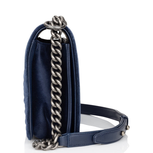 Chanel Large Boy Bag Blue Velvet Ruthenium Hardware