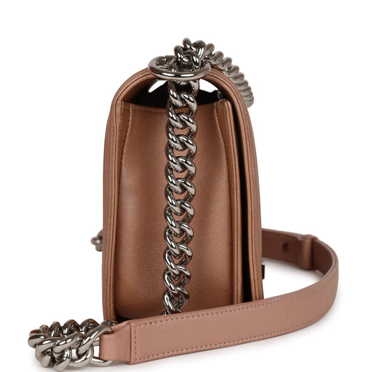 Chanel Medium Boy Bag Metallic Rose Gold Lambskin Silver Hardware