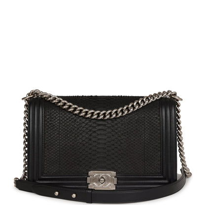 Chanel Medium Boy Bag Black Python and Lambskin Brushed Silver Hardware
