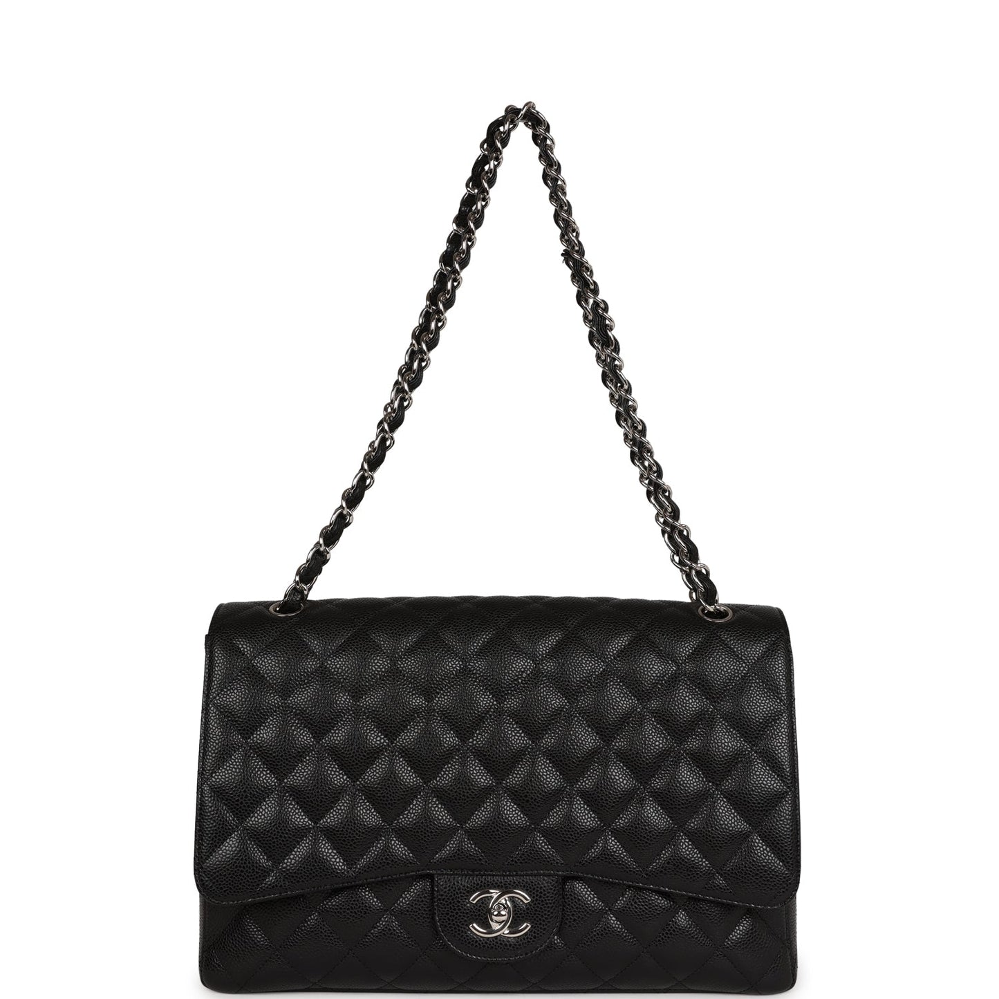 Chanel Maxi Classic Single Flap Bag Black Caviar Silver Hardware
