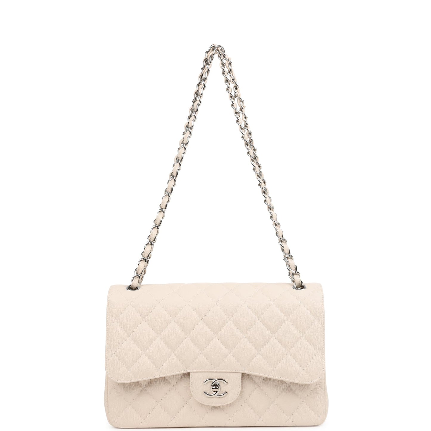 Pre-owned Chanel Jumbo Classic Double Flap Bag Light Beige Caviar Silver Hardware
