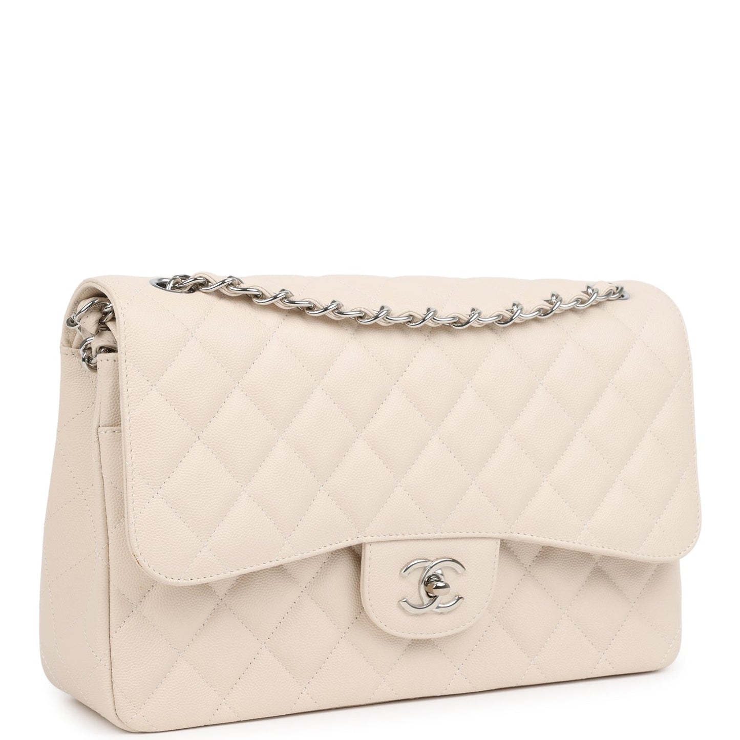 Pre-owned Chanel Jumbo Classic Double Flap Bag Light Beige Caviar Silver Hardware
