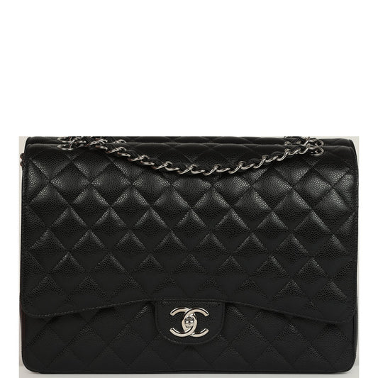 Chanel Maxi Classic Double Flap Bag Black Caviar Silver Hardware