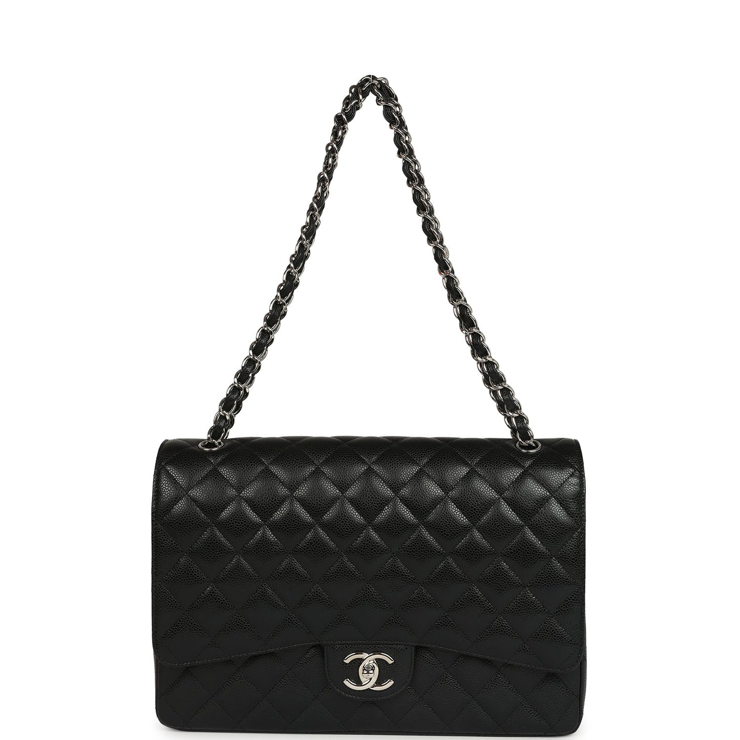 Chanel Maxi Classic Double Flap Bag Black Caviar Silver Hardware