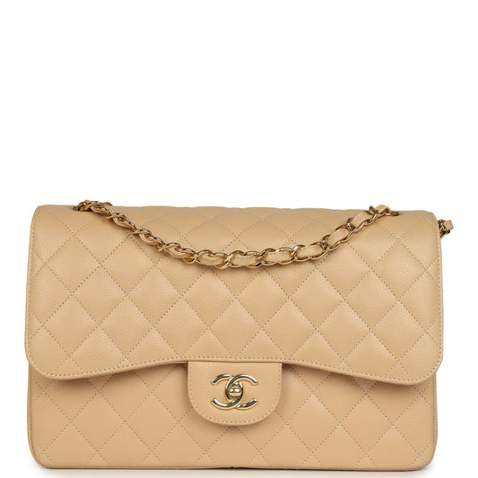 Chanel Jumbo Classic Double Flap Bag Light Beige Caviar Light Gold Hardware