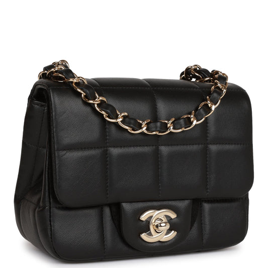 Chanel Monaco Mini Square Flap Bag Black Lambskin Light Gold Hardware