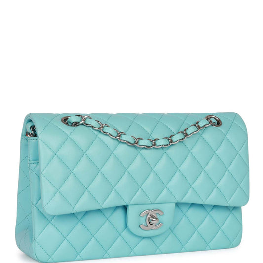 Chanel Medium Classic Double Flap Bag Blue Lambskin Silver Hardware