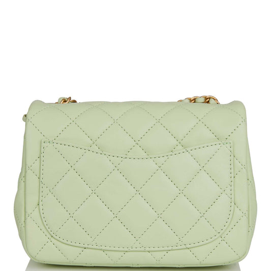 Chanel Pearl Crush Mini Square Flap Bag Light Green Lambskin Antique Gold Hardware