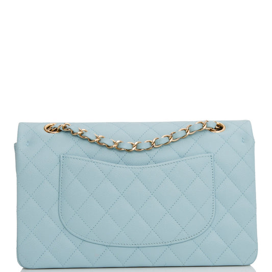 Chanel Medium Classic Double Flap Bag Blue Quilted Caviar Light Gold Hardware