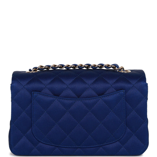 Chanel Mini Rectangular Flap Bag Blue Satin Light Gold Hardware