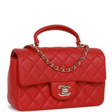 Chanel Mini Rectangular Flap Bag with Top Handle Red Lambskin Light Gold Hardware