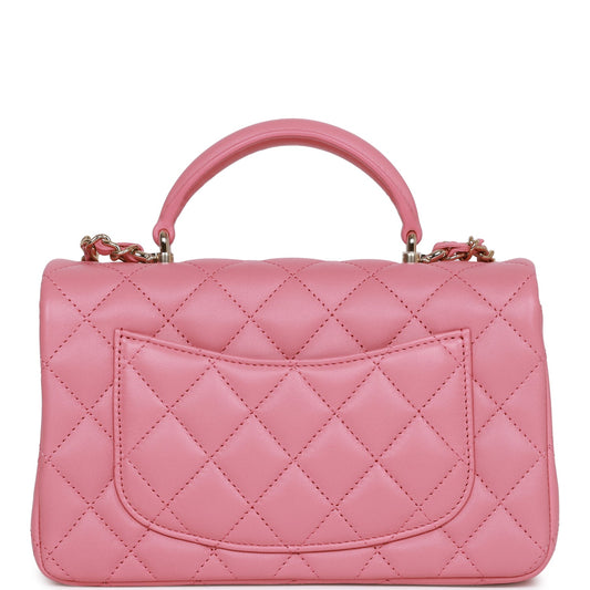 Chanel Mini Rectangular Flap Bag with Top Handle Pink Lambskin Light Gold Hardware