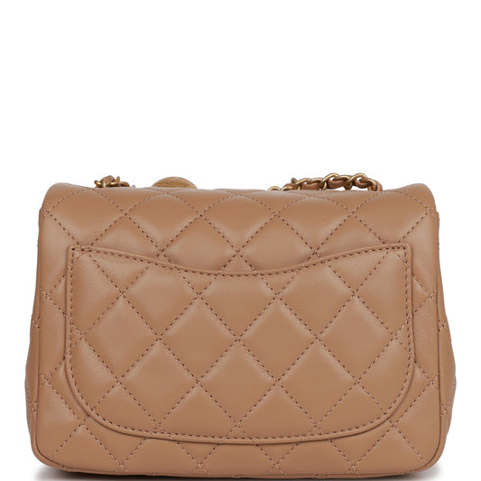 Chanel Pearl Crush Mini Square Flap Bag Beige Lambskin Antique Gold Hardware