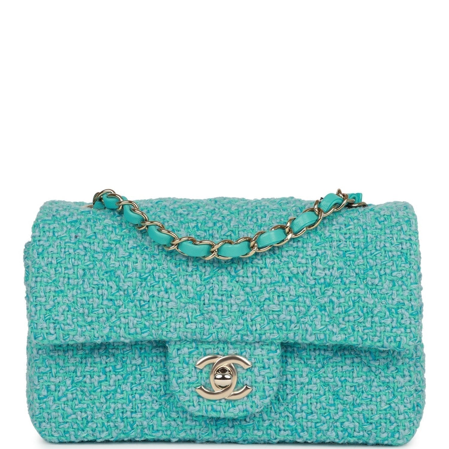 Chanel Mini Rectangular Flap Bag Blue Tweed Light Gold Hardware