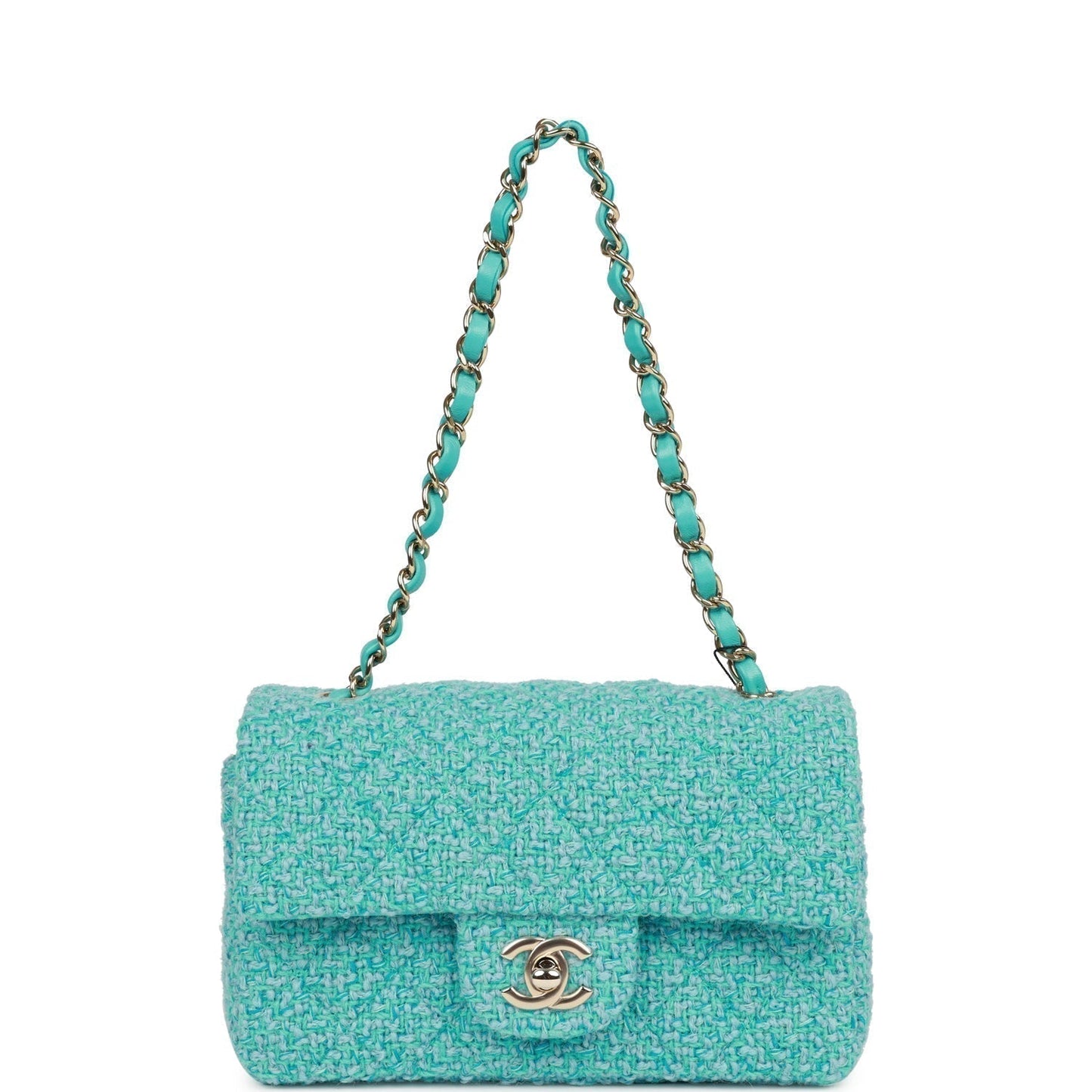 Chanel Mini Rectangular Flap Bag Blue Tweed Light Gold Hardware