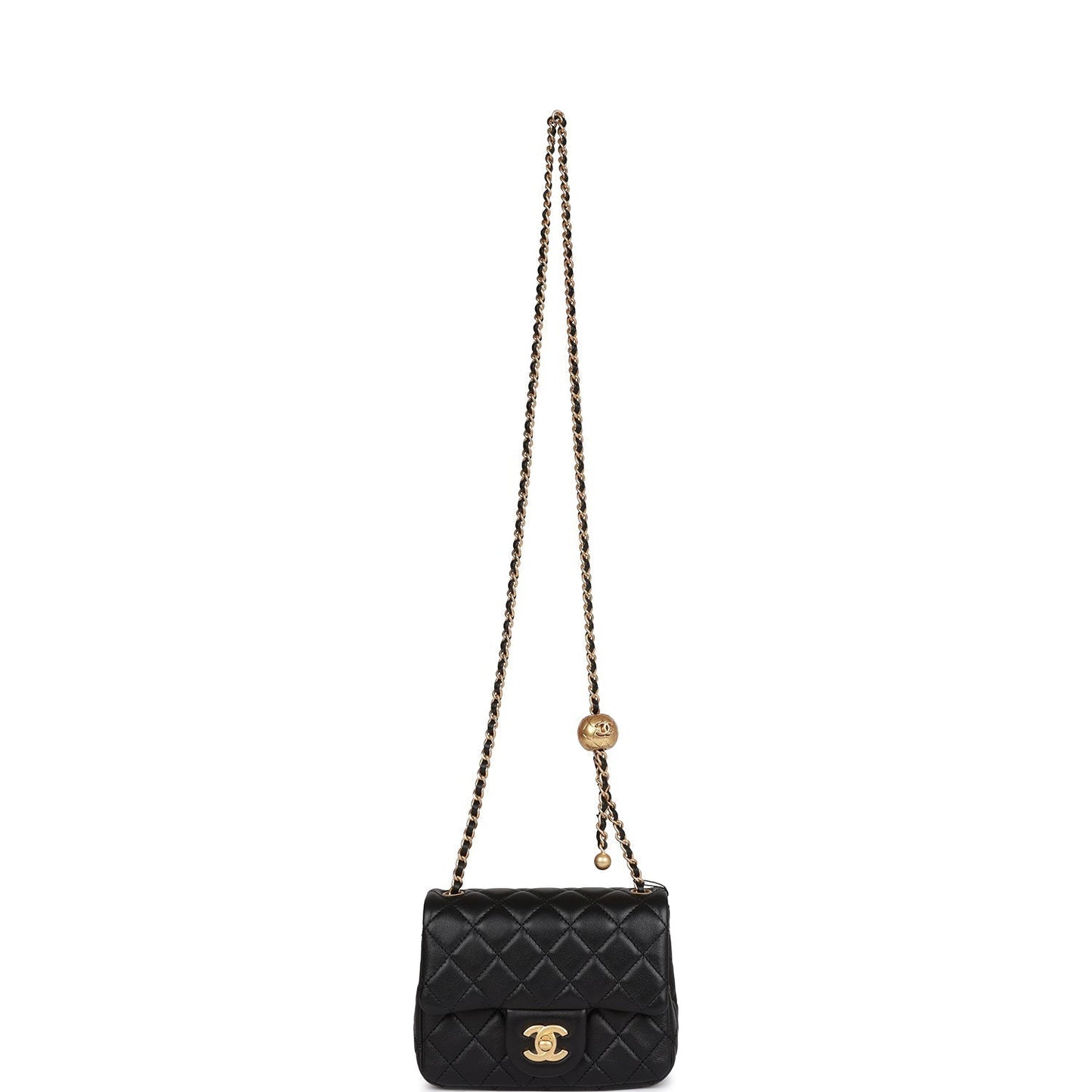 Chanel Pearl Crush Mini Square Flap Bag Black Lambskin Antique Gold Hardware