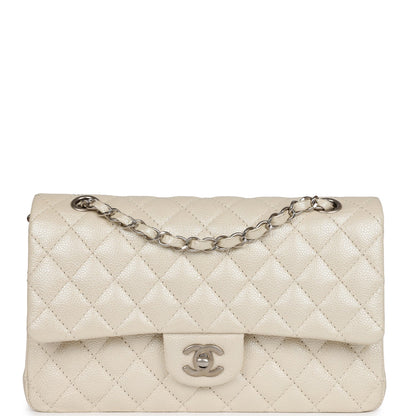 Chanel Medium Classic Double Flap Pearlescent Ivory Caviar Brushed Silver Hardware