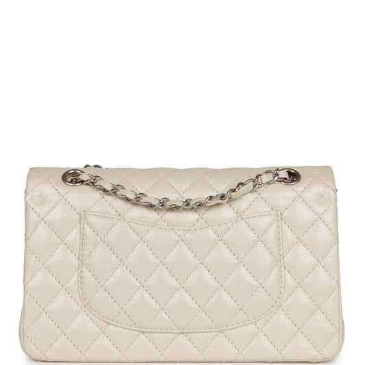 Chanel Medium Classic Double Flap Pearlescent Ivory Caviar Brushed Silver Hardware