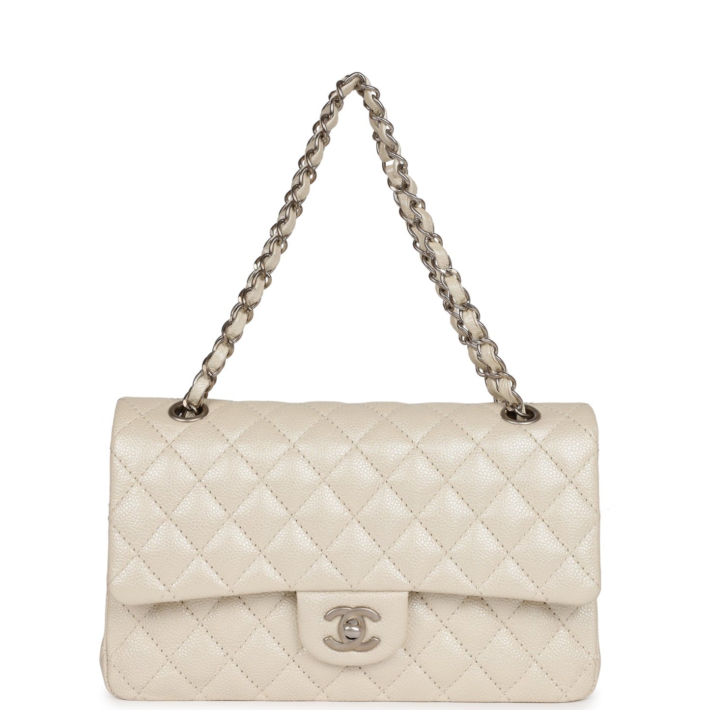 Chanel Medium Classic Double Flap Pearlescent Ivory Caviar Brushed Silver Hardware