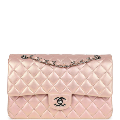 Chanel Medium Classic Double Flap Bag Pink Iridescent Lambskin Silver Hardware
