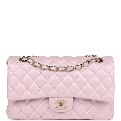 Chanel Medium Classic Double Flap Bag Pink Iridescent Lambskin Light Gold Hardware