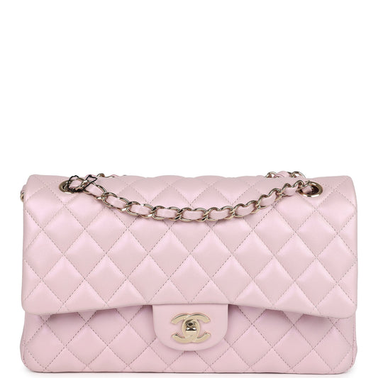 Chanel Medium Classic Double Flap Bag Pink Iridescent Lambskin Light Gold Hardware