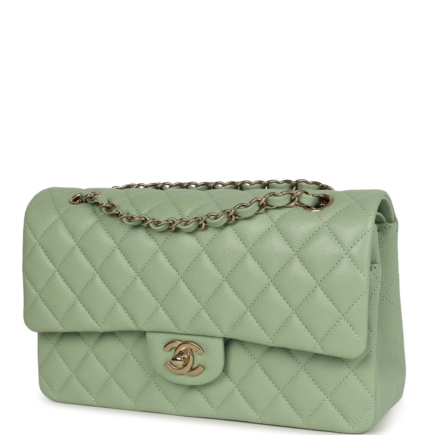 Chanel Medium Classic Double Flap Bag Light Green Caviar Light Gold Hardware