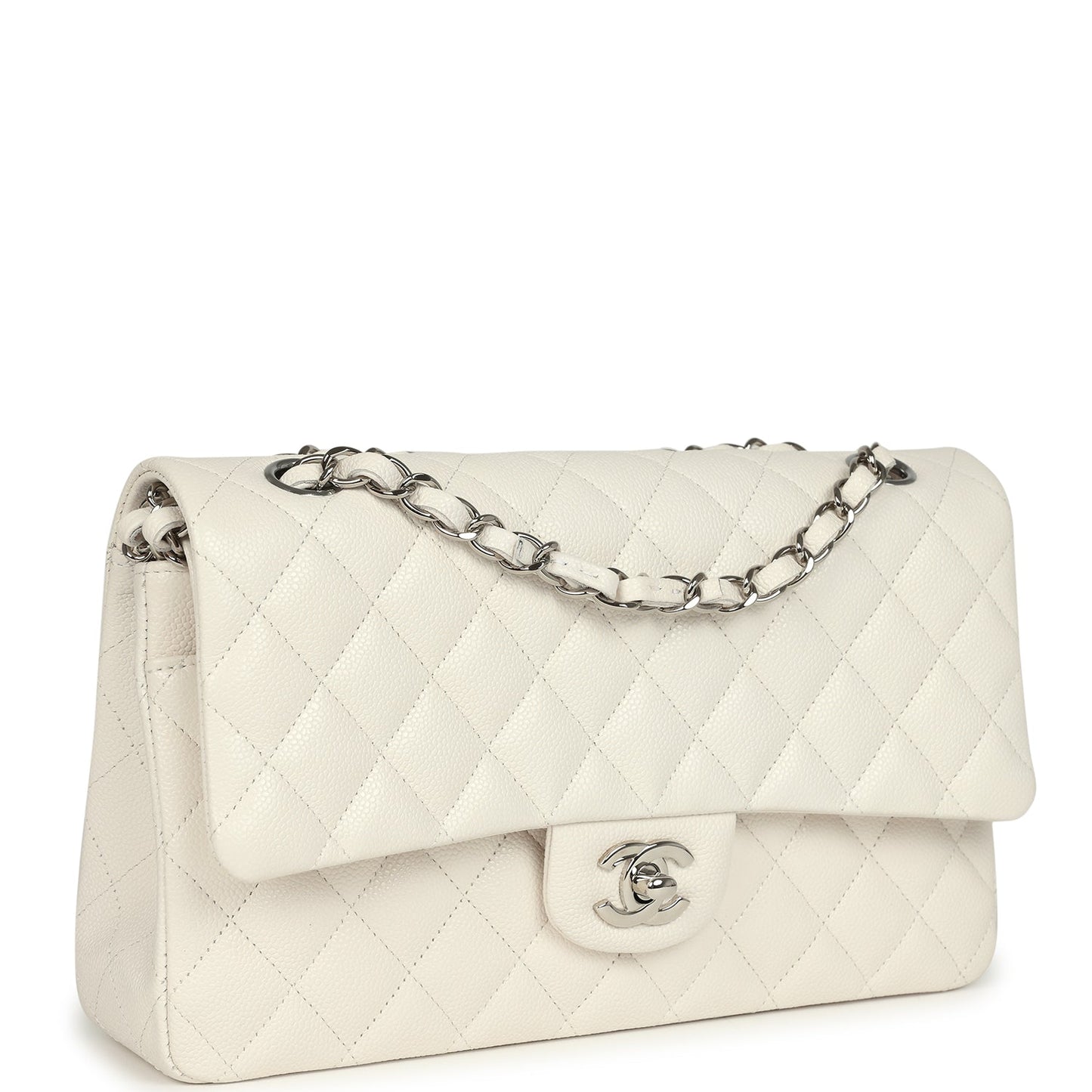Chanel Medium Classic Double Flap White Shiny Caviar Silver Hardware