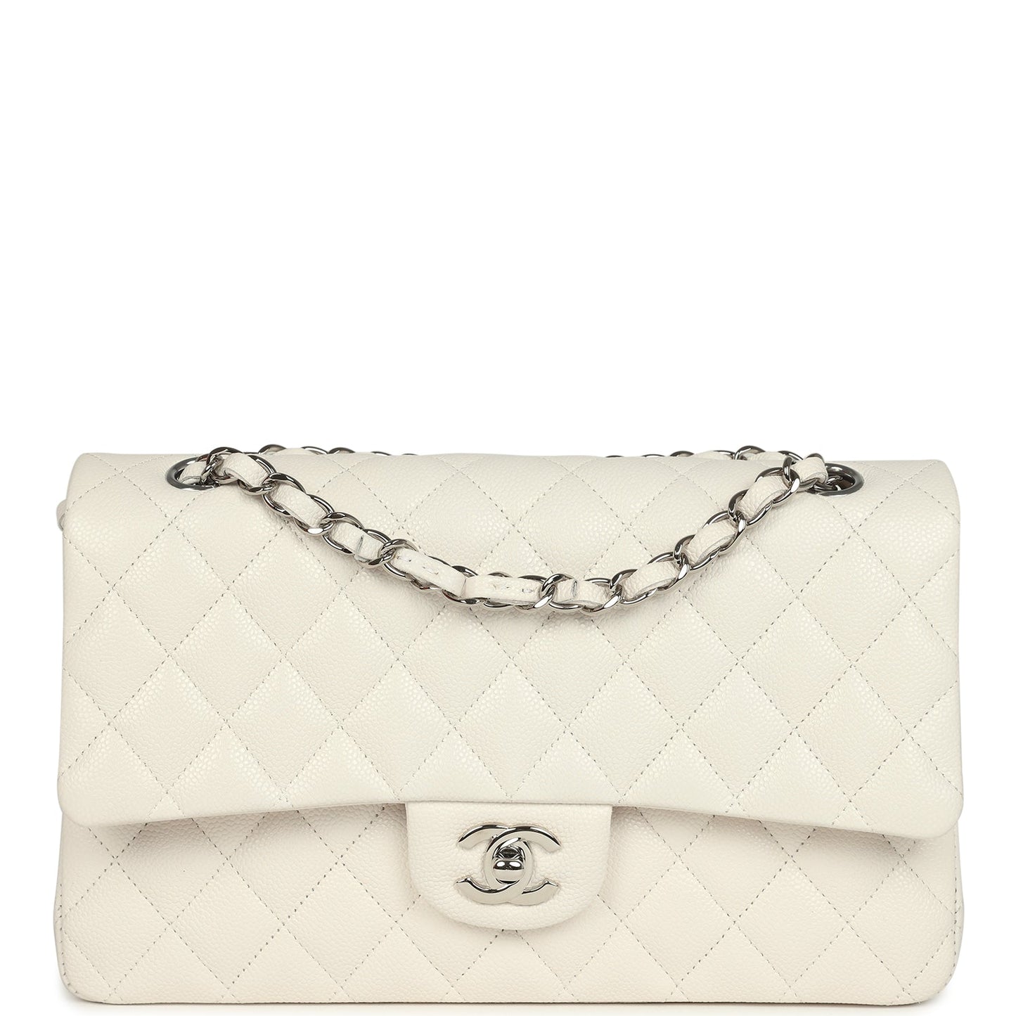 Chanel Medium Classic Double Flap White Shiny Caviar Silver Hardware