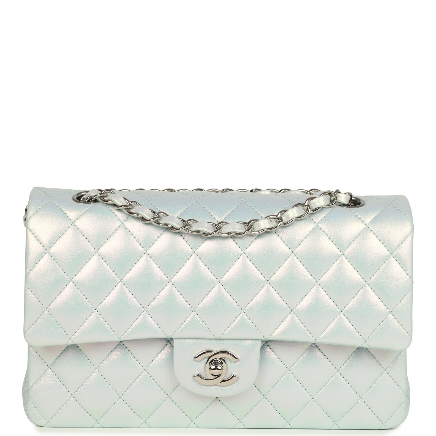 Chanel Medium Classic Double Flap Bag Light Blue Iridescent Calfskin Silver Hardware