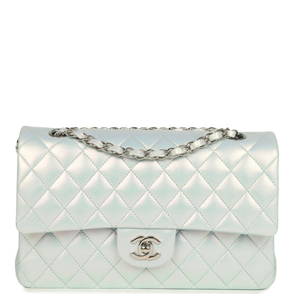 Chanel Medium Classic Double Flap Bag Light Blue Iridescent Calfskin Silver Hardware
