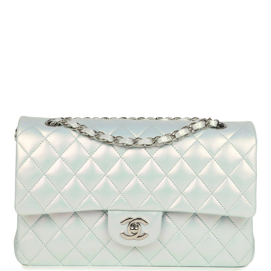 Chanel Medium Classic Double Flap Bag Light Blue Iridescent Calfskin Silver Hardware