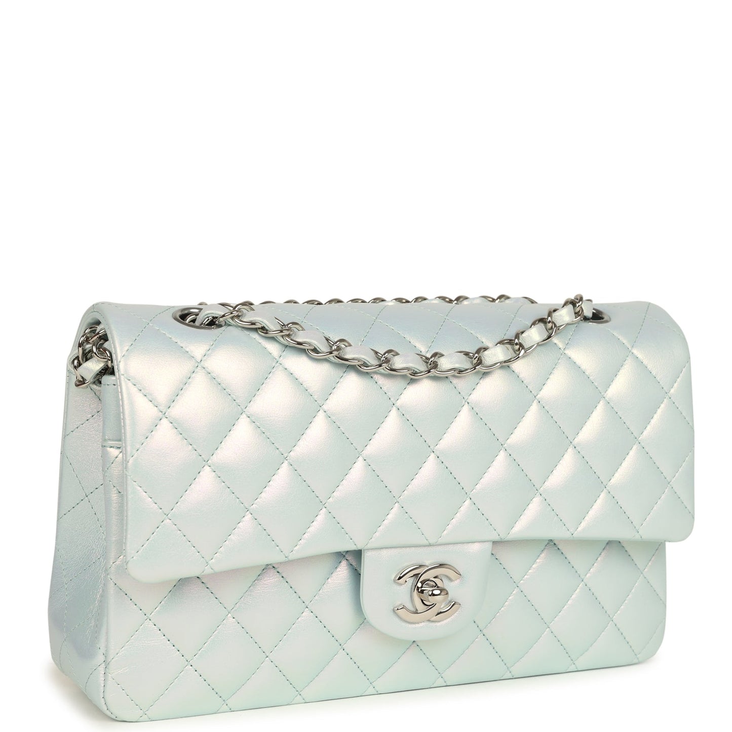 Chanel Medium Classic Double Flap Bag Light Blue Iridescent Calfskin Silver Hardware