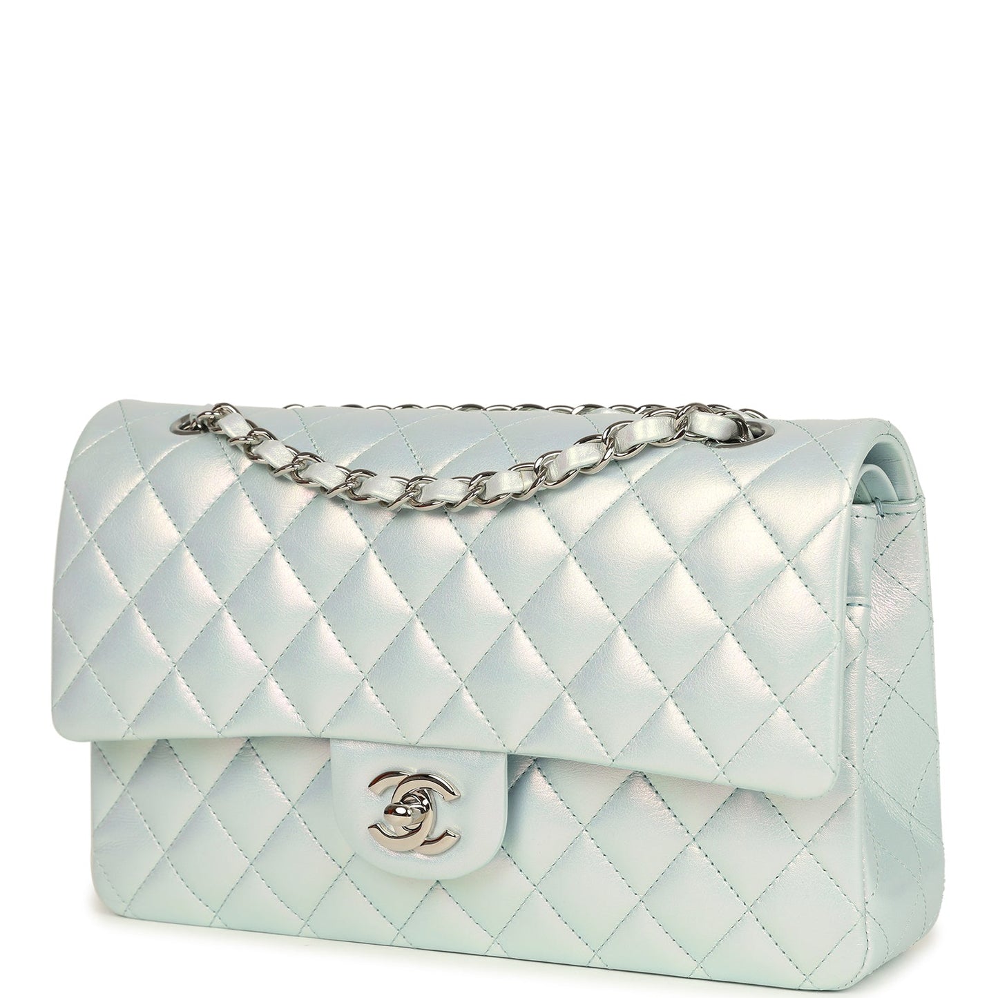 Chanel Medium Classic Double Flap Bag Light Blue Iridescent Calfskin Silver Hardware