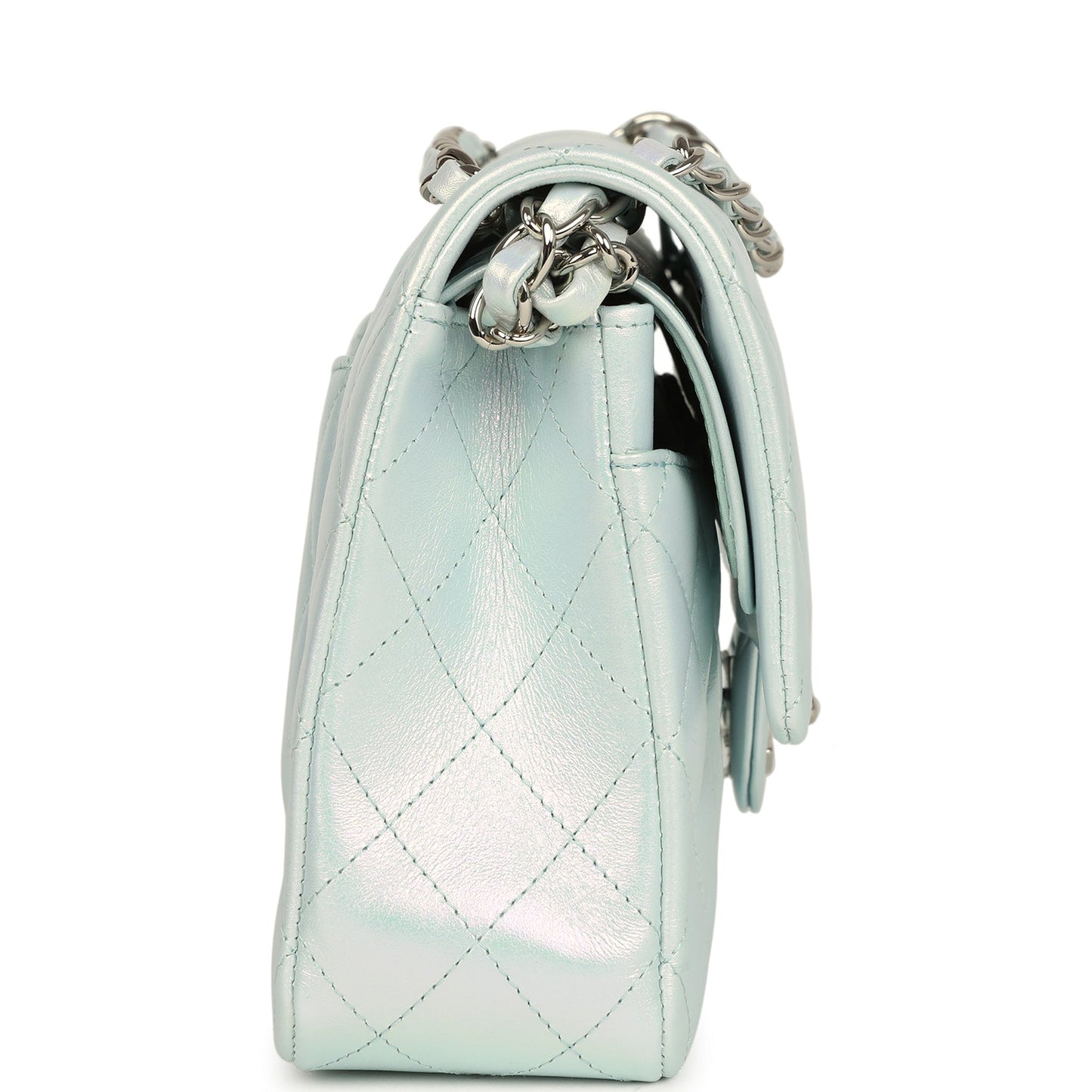 Chanel Medium Classic Double Flap Bag Light Blue Iridescent Calfskin Silver Hardware