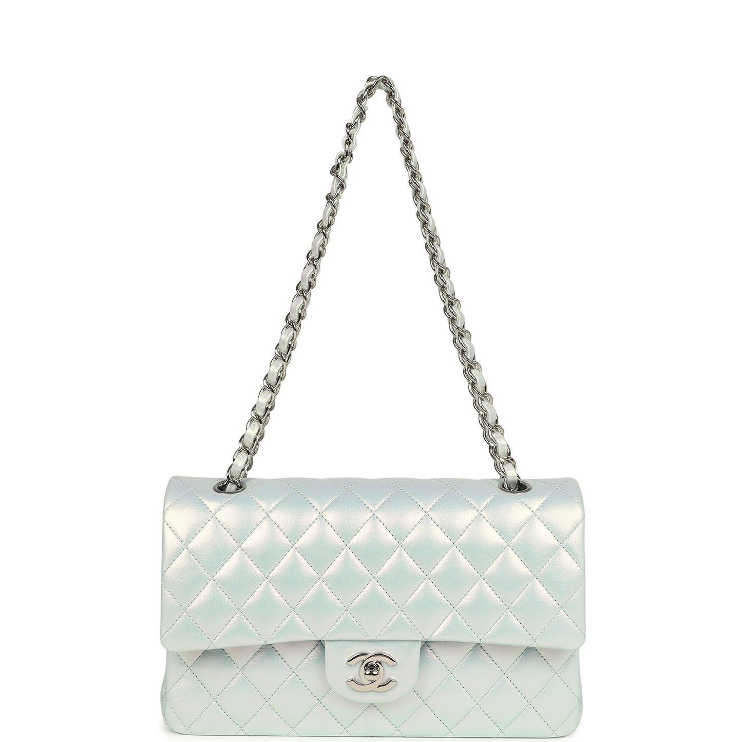 Chanel Medium Classic Double Flap Bag Light Blue Iridescent Calfskin Silver Hardware