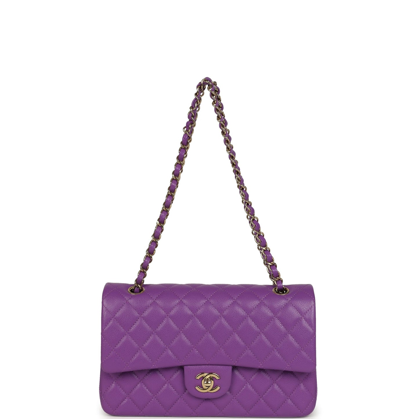 Chanel Medium Classic Double Flap Bag Dark Purple Shiny Caviar Light Gold Hardware